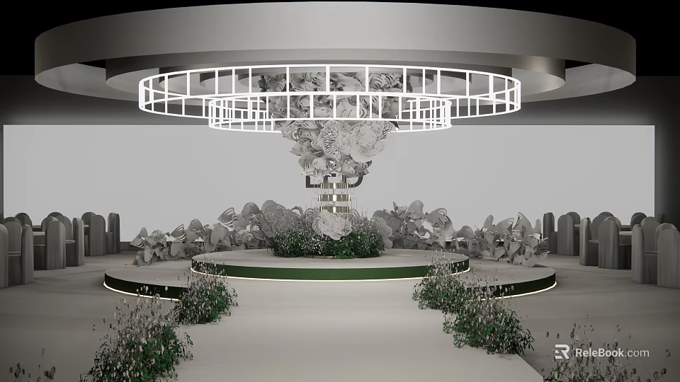 Elegant Banquet Hall Interior With Round Stage Decorative Flowers And Circular Chandelier 3d model 