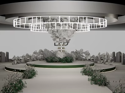 Elegant Banquet Hall Interior With Round Stage Decorative Flowers And Circular Chandelier 3d model
