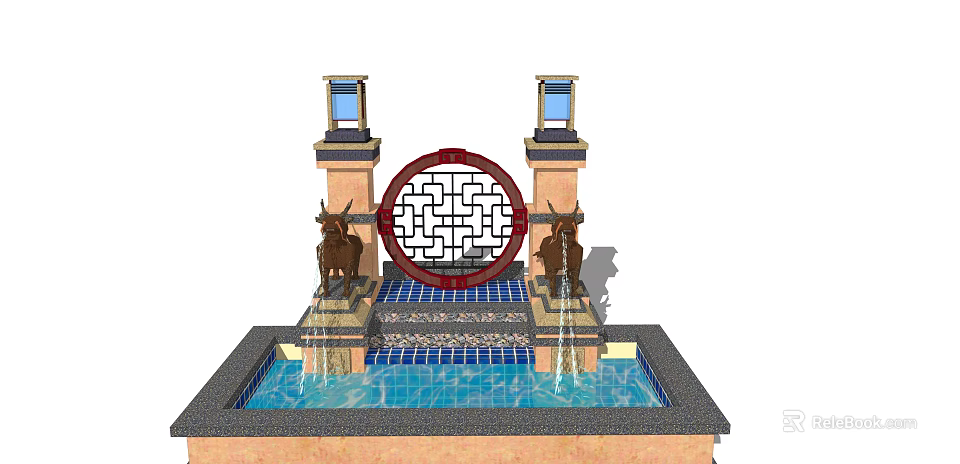 Chinese Style Feature Wall With Circular Lattice Window Deer Sculptures And Water Fountain Pool 3d model 