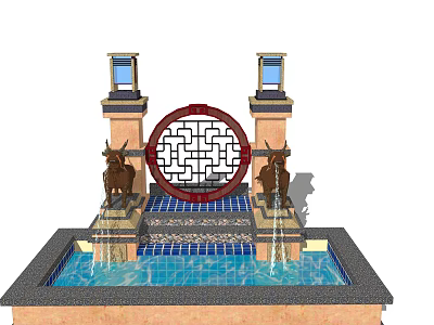 Chinese Style Feature Wall With Circular Lattice Window Deer Sculptures And Water Fountain Pool 3d model
