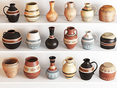 Traditional Ceramic Vessels With Various Shapes Decorative Stripes And Earth Tones On Display Shelves 3d model