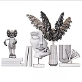 Modern Decorative Ornament Set With Metallic Face Sculpture Feather Decor Vases And Books