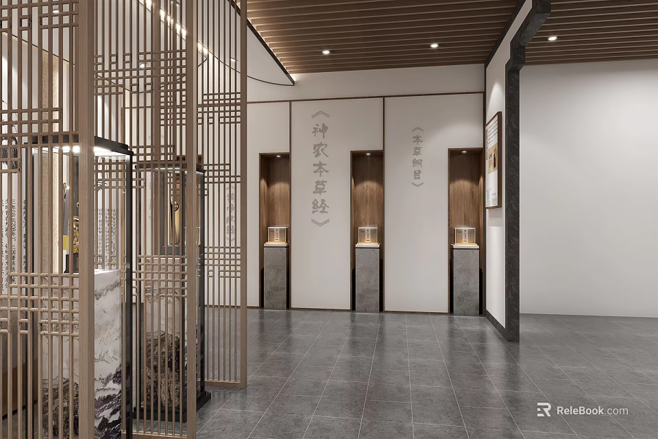 Chinese Style Interior Space With Wooden Lattice Screen And Display Cabinets 3d model