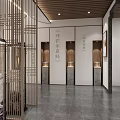 Chinese Style Interior Space With Wooden Lattice Screen And Display Cabinets 3d model