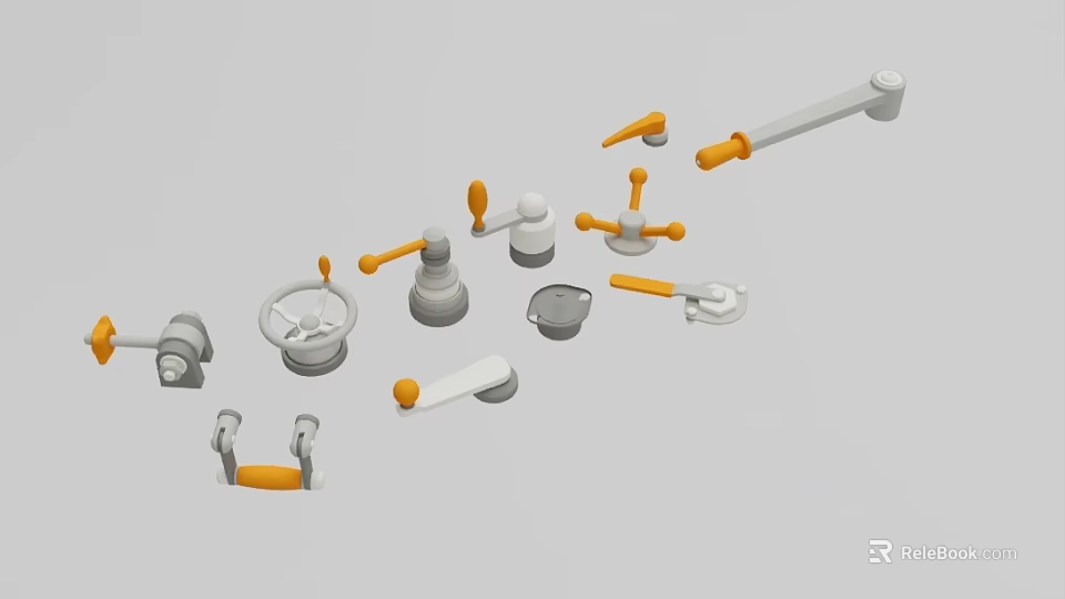 Industrial Equipment Control Components With White And Orange Mechanical Handles Knobs Valves 3d model 