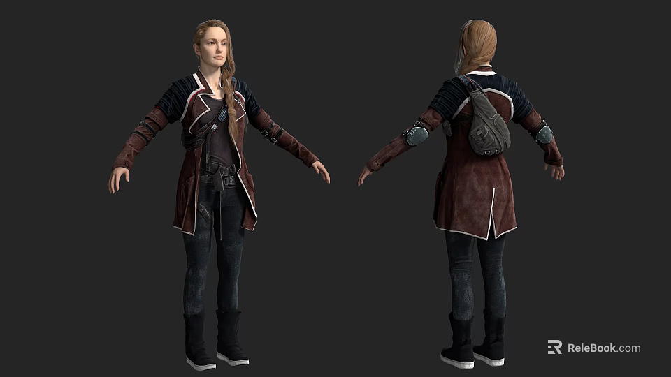 3D Model Of A Woman In Brown Coat With Red Trim Backpack Front Back Views 3d model 