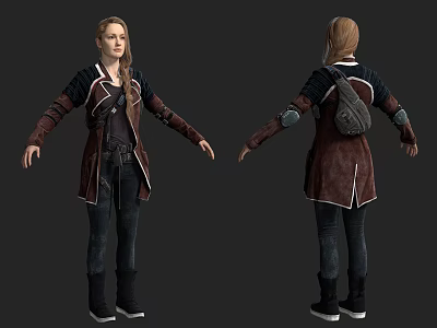 3D Model Of A Woman In Brown Coat With Red Trim Backpack Front Back Views 3d model