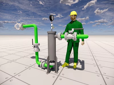 Worker In Green Work Uniform And Yellow Hard Hat With Industrial Commercial Equipment Pipeline Gauges Valves System 3d model
