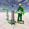 Worker In Green Work Uniform And Yellow Hard Hat With Industrial Commercial Equipment Pipeline Gauges Valves System