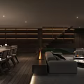 Modern Dining and Living Room Interior With Sofa Fireplace And Built in Bookshelves
