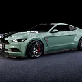 Green Ford Mustang Sports Car With Black Racing Stripes Large Wheels And Red Calipers