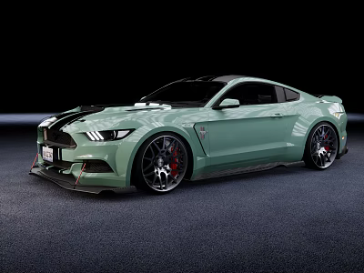 Green Ford Mustang Sports Car With Black Racing Stripes Large Wheels And Red Calipers 3d model