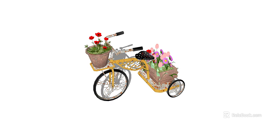 Flower Planters In Yellow Bicycle Shaped Design With Terracotta Pots And Colorful Flowers 3d model 