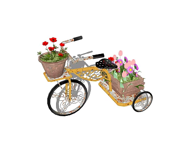 Flower Planters In Yellow Bicycle Shaped Design With Terracotta Pots And Colorful Flowers 3d model