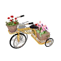 Flower Planters In Yellow Bicycle Shaped Design With Terracotta Pots And Colorful Flowers