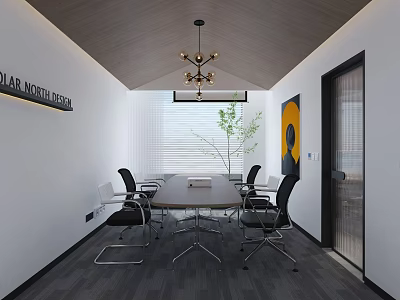 Modern Conference Room Interior Design With Meeting Table Black Chairs Chandelier Blinds And Wall Art 3d model