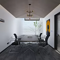 Modern Conference Room Interior Design With Meeting Table Black Chairs Chandelier Blinds And Wall Art