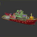 Red and Yellow Work Boat Featuring Deck Equipment and Upper Superstructure 3d model