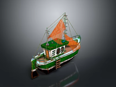 Green And White Fishing Boat With Orange Net Cabin And Ladder Exterior 3d model