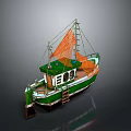 Green And White Fishing Boat With Orange Net Cabin And Ladder Exterior