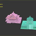 Traditional Chinese Ancient Architecture Models With Red Blue Roofs And Classic Design