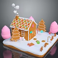 Gingerbread House With Colorful Candy Roof Chimney Smoke Pink Trees Candy Canes And Snowy Base