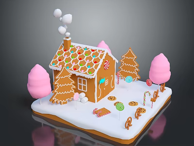Gingerbread House With Colorful Candy Roof Chimney Smoke Pink Trees Candy Canes And Snowy Base 3d model