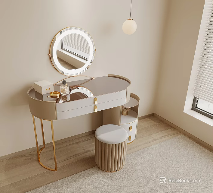 Modern Light Colored Dressing Table With Golden Legs Round Mirror And Striped Stool 3d model 