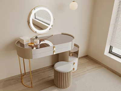 Modern Light Colored Dressing Table With Golden Legs Round Mirror And Striped Stool 3d model