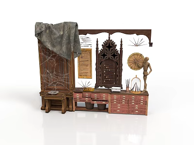 Architectural Vintage Display With Carved Wooden Door And Decorative Cabinets 3d model