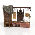 Architectural Vintage Display With Carved Wooden Door And Decorative Cabinets