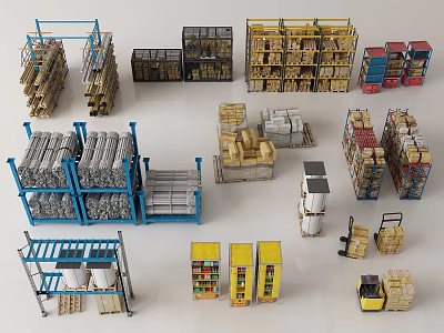 Warehouse Storage Racks and Display Shelves with Multi Tiered Metal Design and Stacked Boxes 3d model