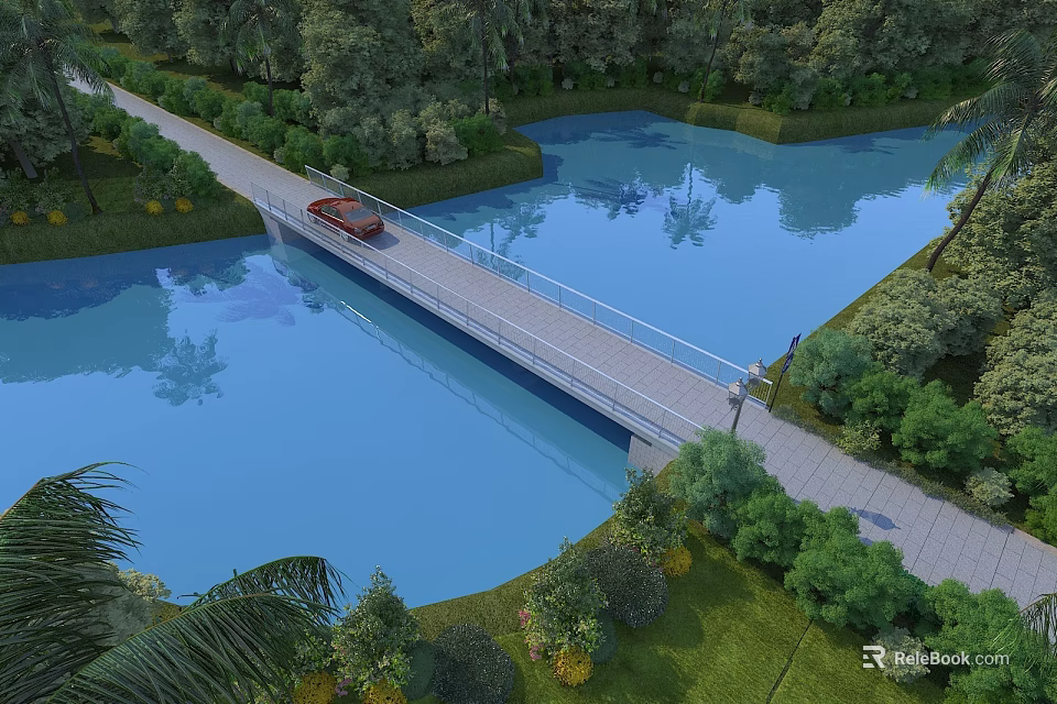 Scenic Garden Landscape with Bridge Over Lake Red Car and Lush Greenery 3d model 