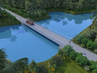 Scenic Garden Landscape with Bridge Over Lake Red Car and Lush Greenery 3d model
