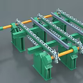 Industrial Conveyor System With Green Frame Yellow Rollers Chain Mechanism And Blue Motor