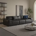 Black Leather Three Seater Sofa with Checkered and Blue Cushions in Living Room with Artwork