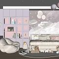 Pastel Purple Kids Room Interior With Moon Planet Mural Cloud Shaped Bookshelf And Stuffed Toys