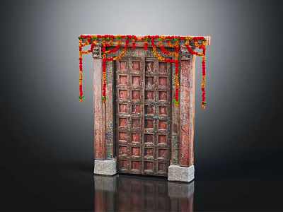 Traditional Wooden Entrance Gate Adorned With Colorful Flower Garlands And Intricate Carvings 3d model