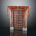 Traditional Wooden Entrance Gate Adorned With Colorful Flower Garlands And Intricate Carvings