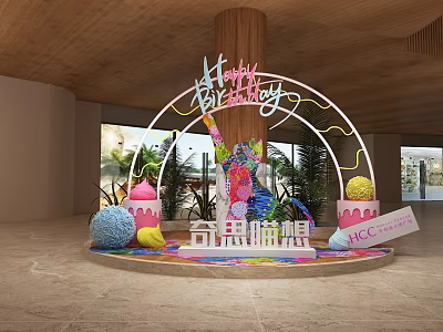 Vibrant Birthday Decoration Display With Happy Birthday Neon Sign Colorful Balls And Figure 3d model