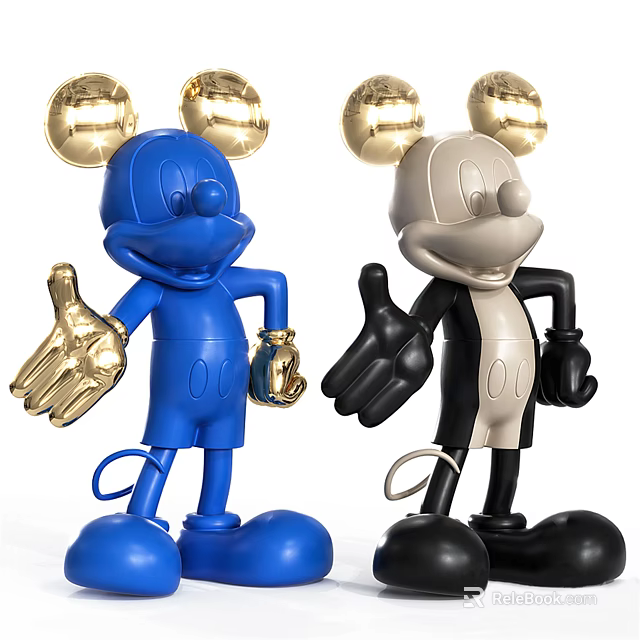 Blue And Black White Mickey Inspired Cartoon Figurines With Golden Ears And Hands 3d model 