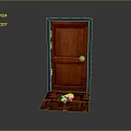 Red Wooden Hinged Door With Blue Frame And Golden Handle On Patterned Floor