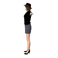 Woman In Black Jacket And Gray Skirt With Hat Standing Arms Outstretched In High Heels