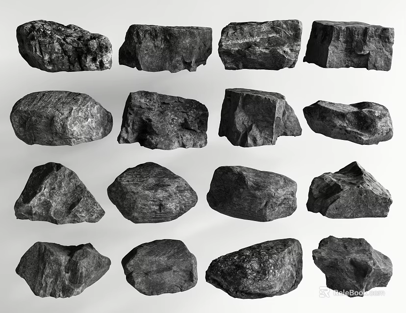 16 Pieces Of Different Shaped Black Stones Arranged In 4x4 Grid On Light Gray Background 3d model 
