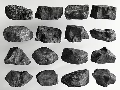 16 Pieces Of Different Shaped Black Stones Arranged In 4x4 Grid On Light Gray Background 3d model