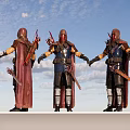 Medieval Archer Game Movie Characters in Red Cloaks Blue Armor with Bows Arrows