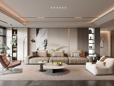 Modern Living Room Interior With Beige Sofa Round Coffee Table And Green Plants 3d model