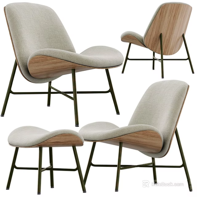 Modern Leisure Accent Chair With Upholstered Fabric Wooden Armrests Metal Legs And Matching Footstool 3d model 