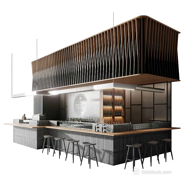 Modern Bar Interior Design With Wooden Counter High Stools And Ambient Lighting 3d model 