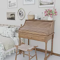 Wooden Dressing Table Interior With Framed Pictures Flower Vase And Stool